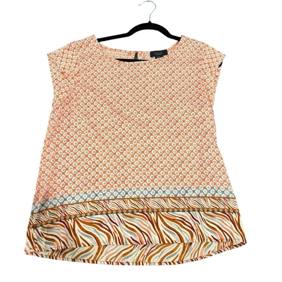 Pretty orange, white and brown patterned short sleeve top - Picture 1 of 5